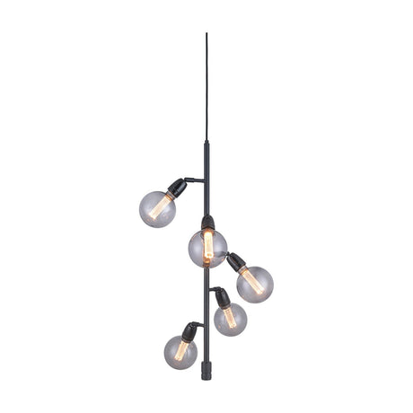 Compass Vertical 5 Light Chandelier in black, a slim vertical rod with five angled arms holding smoked glass globes at staggered heights, shown on a plain white background.