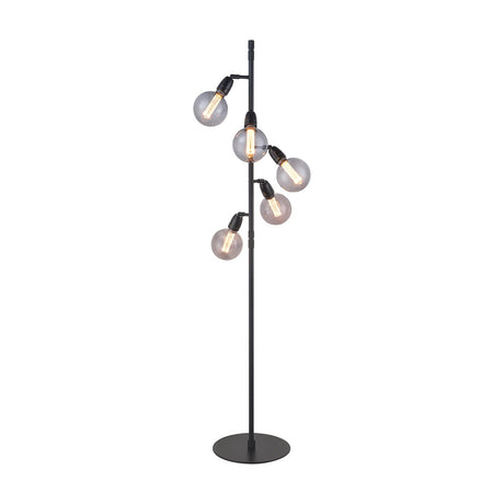 Compass Floor Lamp in black, slim vertical stem on a round disc base with five smoked globe bulbs on angled black arms spiralling upward, shown on a plain white background.