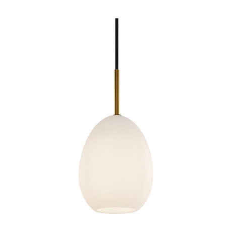 Bodø Pendant Light 14cm in Brass & White, egg-shaped opal glass shade on a slim brass sleeve with black flex cord, shown on a plain white background.