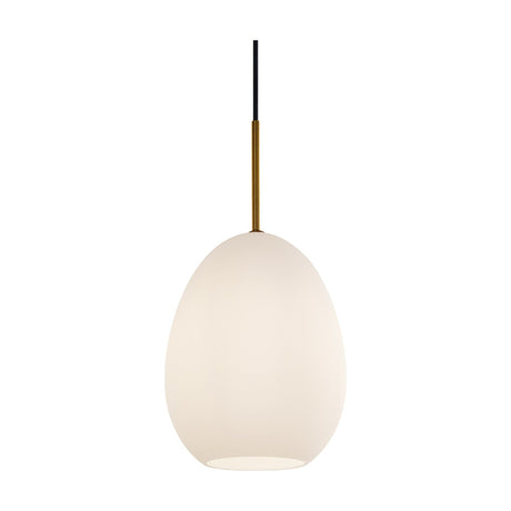 Bodø Pendant Light 20cm in Brass & White, featuring an egg-shaped opal glass shade on a slim brass sleeve with black flex cord, shown on a plain white background.