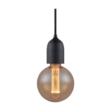 Classic Cable Cord Set E27 in matte black, showing a tapered E27 lampholder on black braided flex fitted with an amber globe bulb, on a plain white background.