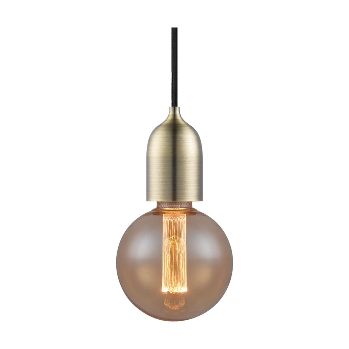 Classic Cable Cord Set E27 pendant fitting in antique brass with a tapered lampholder, black braided flex, and an amber globe bulb, shown on a plain white background.