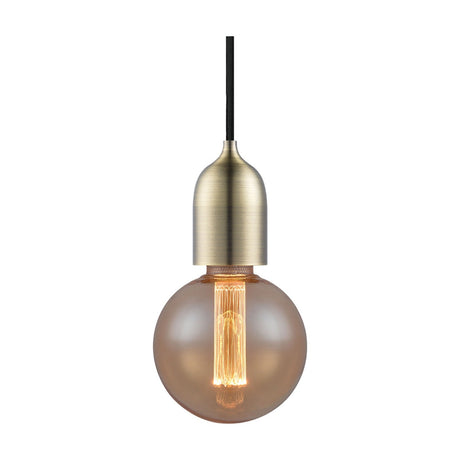 Classic Cable Cord Set E27 pendant fitting in antique brass with a tapered lampholder, black braided flex, and an amber globe bulb, shown on a plain white background.