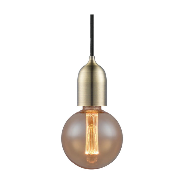 Classic Cable Cord Set E27 pendant fitting in antique brass with a tapered lampholder, black braided flex, and an amber globe bulb, shown on a plain white background.