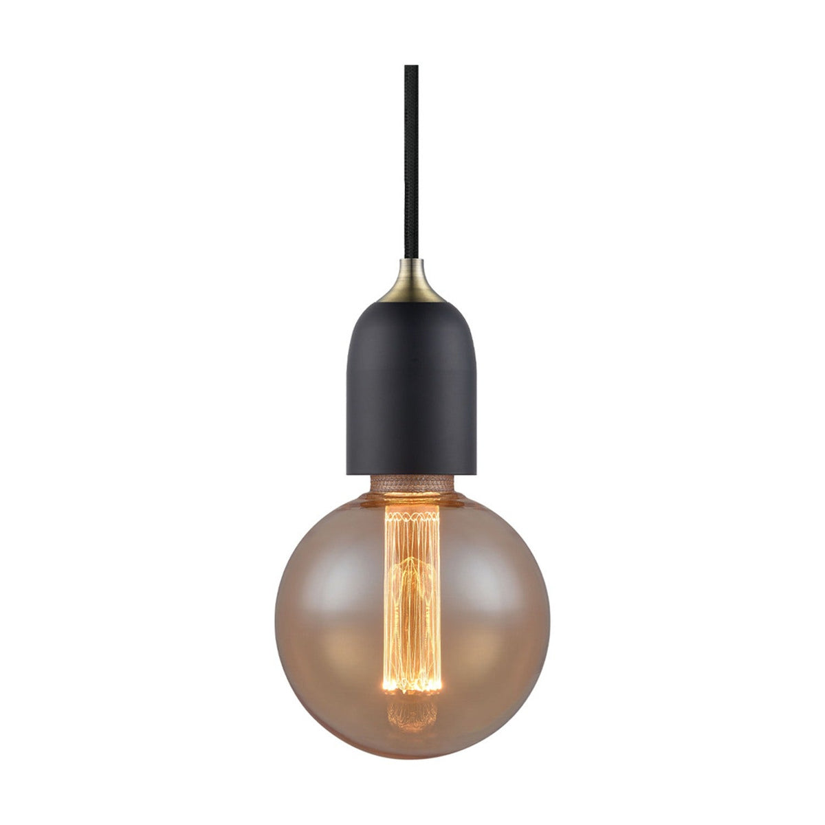 Classic Cable Cord Set E27 pendant fitting with black braided flex, matte black tapered lampholder, brushed brass collar, and a globe bulb, shown on a plain white background.