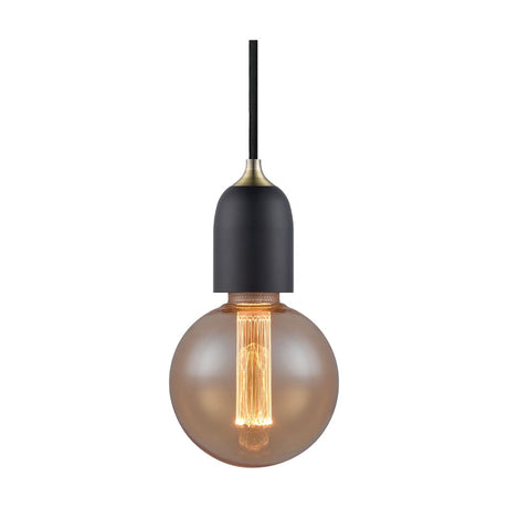 Classic Cable Cord Set E27 pendant fitting with black braided flex, matte black tapered lampholder, brushed brass collar, and a globe bulb, shown on a plain white background.