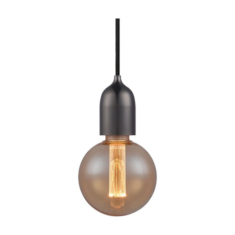 Classic Cable Cord Set E27 pendant fitting in gunmetal, with braided black flex cord and tapered lampholder, shown with an amber globe bulb on a plain white background.