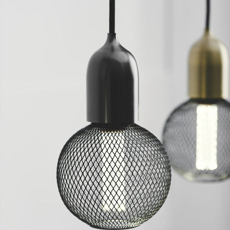 Classic Cable Cord Set E27 pendant light with gunmetal tapered lampholder, black braided flex, and mesh globe shade, shown against a plain light grey background.