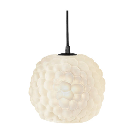 Grape Matt Pendant Light 20cm in opal glass, a spherical shade of clustered rounded bubbles in matt white, hung from a black domed cap and braided flex on a plain white background.