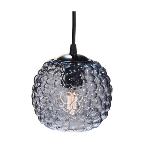 Grape Pendant Light 15cm in smoke-tinted bubble glass with a chrome cap and black braided flex, shown against a plain white background.