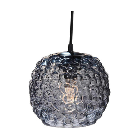 Grape Pendant Light 20cm in smoke-tinted glass, a bubble-textured sphere with chrome cap and black braided flex, shown on a plain white background.