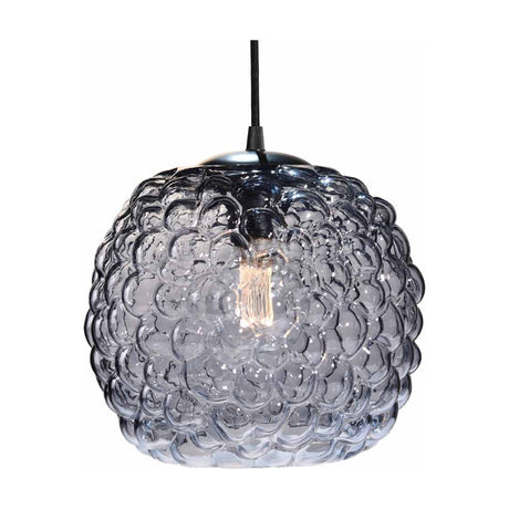 Grape Pendant Light 25cm in smoke-tinted glass, a bubble-textured sphere with visible bulb, chrome ceiling cap and black braided flex, shown on a plain white background.