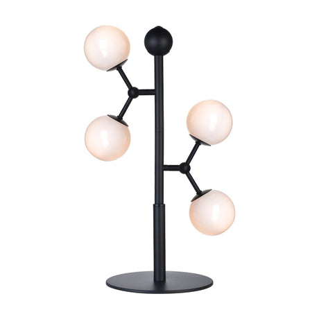 Atom Glass 4 Light Table Lamp in black, with a slim stem, round disc base, and four opal glass spheres branching at staggered heights, shown on a plain white background.