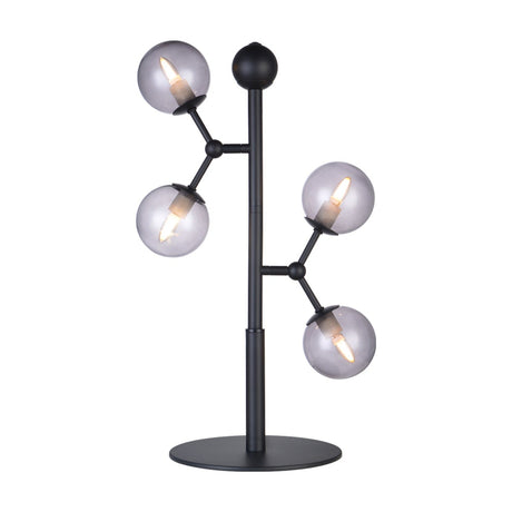 Atom Glass 4 Light Table Lamp in black and smoke, with a slim black stem, round disc base, and four smoked glass globes branching at staggered heights, shown on a plain white background.
