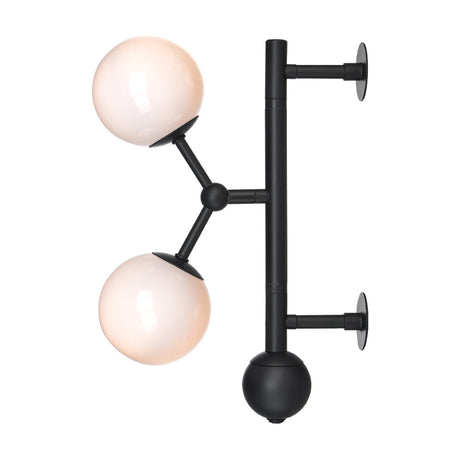 Atom Glass 2 Light Wall Light in black and opal, featuring two opal glass globes on angled black stems branching from a vertical black bar with wall plates, shown on a white background.