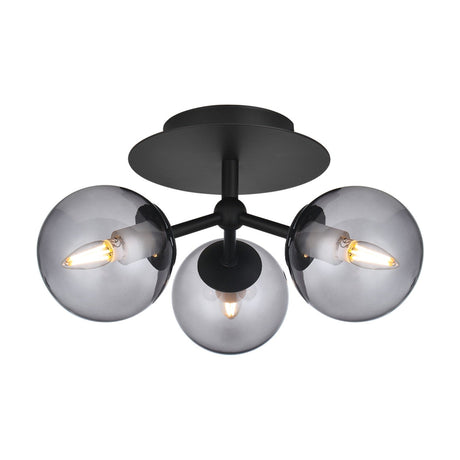 Atom Trio Glass 3 Light Flush Ceiling Light in black and smoke, three smoked glass spheres on black arms from a central hub, on a plain white background.