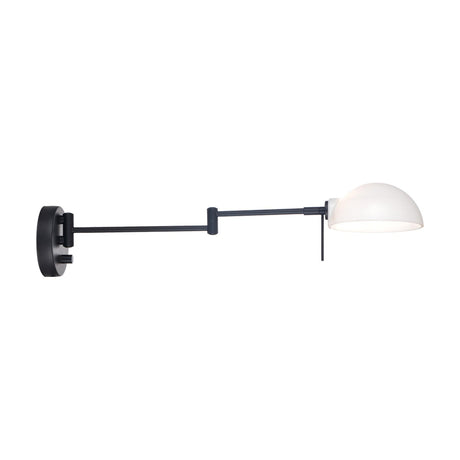 Copenhagen Wall Light in black, featuring a round wall plate with side switch, a jointed swing arm, and a white half-dome shade, shown on a plain white background.