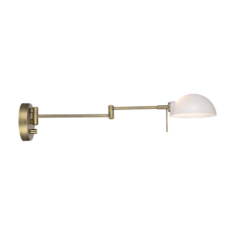 Copenhagen Wall Light in antique brass with a round wall plate, jointed swing arm, small white half-dome shade, and two switches, shown on a plain white background.