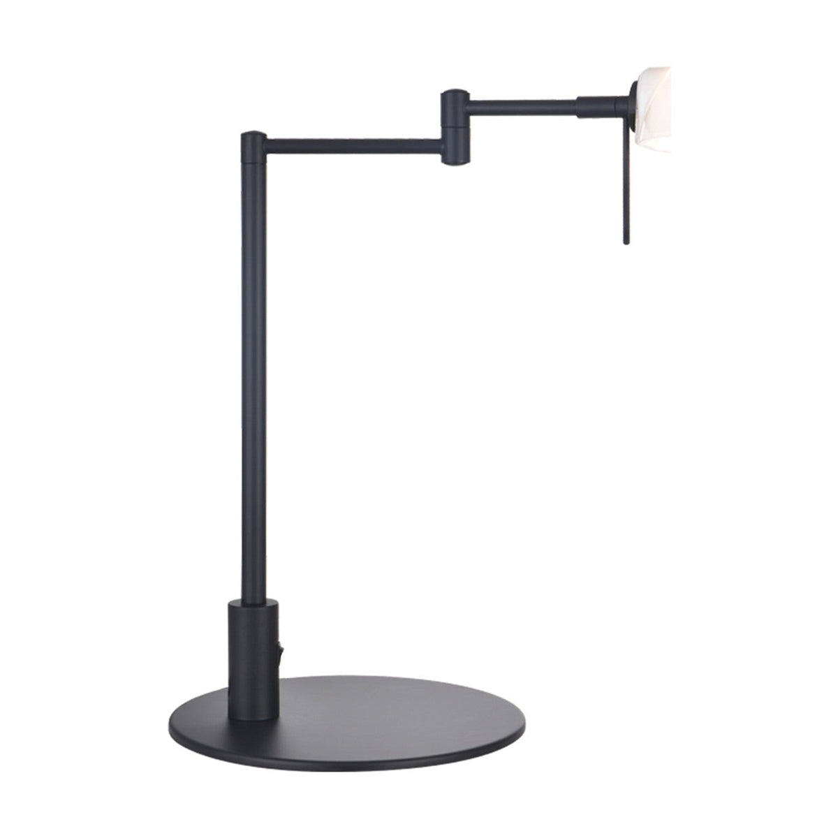 Copenhagen Table Lamp in black, with a jointed two-section arm on a round disc base and a small white half-dome shade, shown on a plain white background.