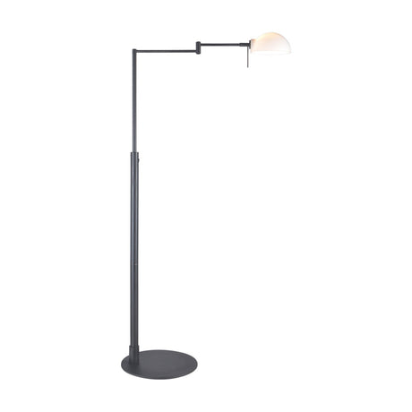 Copenhagen Floor Lamp in black with a jointed swing arm, slim column, round flat base, and white half-dome shade, shown against a plain white background.