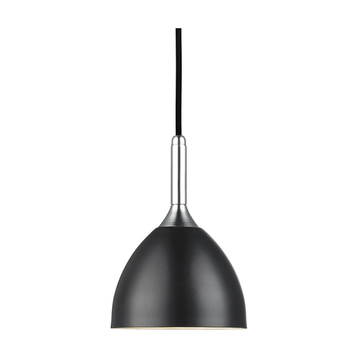 Bellevue Pendant Light 14cm in black and chrome, featuring a matt black dome shade with a polished chrome cone at the top, suspended from a black flex on a plain white background.