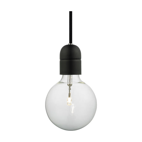 Cable Cord Set E27 pendant light in black, showing a matt black tapered lampholder with chrome collar on black braided flex, fitted with a clear glass globe bulb on a white background.