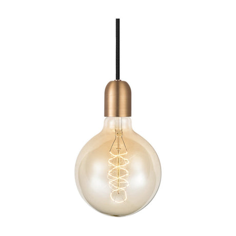 Cable Lacquer Cord Set E27 pendant fitting in copper, cylindrical lampholder with domed shoulder on black flex cord, shown with amber globe bulb on a white background.
