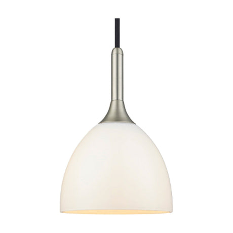 Bellevue Pendant Light 24cm in opal glass with a satin brushed steel cone fitting and black flex cord, shown on a plain white background.