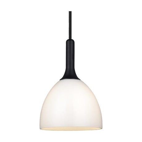 Bellevue Pendant Light 14cm in opal, black and wood, featuring a domed opal glass shade with a black cone fitting and long black flex, shown on a plain white background.