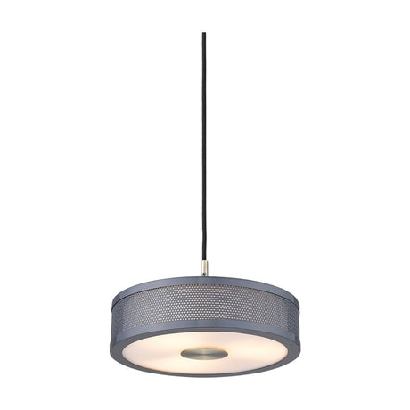 Frame 3 Light Pendant Light 24cm in light grey, a shallow drum with perforated mesh sides, antique brass hardware, and an opal diffuser base, shown on a plain white background.