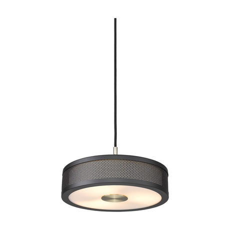 Frame 3 Light Pendant Light 24cm in black and antique brass, a wide drum shade with perforated mesh sides, opal diffuser and brass centre boss, on a black cord against a plain white background.