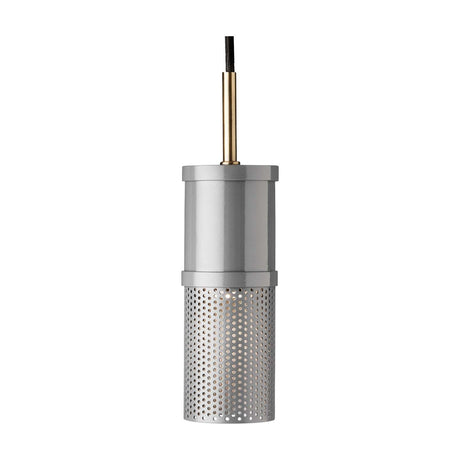 Frame Cylinder G10 Pendant Light in light grey, featuring a solid upper band and finely perforated lower sleeve, hung from an antique brass tube on a plain white background.