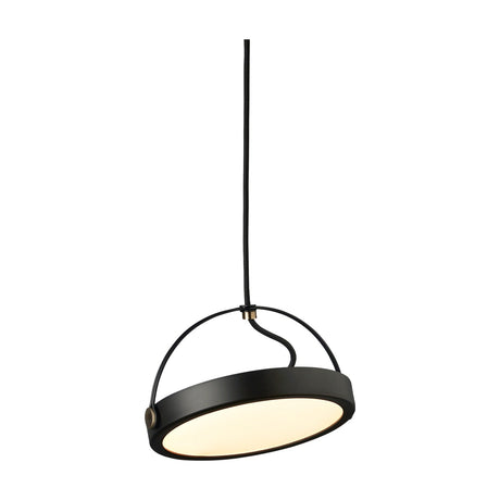 Pivot LED Integrated Pendant Light 20cm in black and antique brass, with an oval dish shade and arching handle suspended from a black flex, shown against a plain white background.