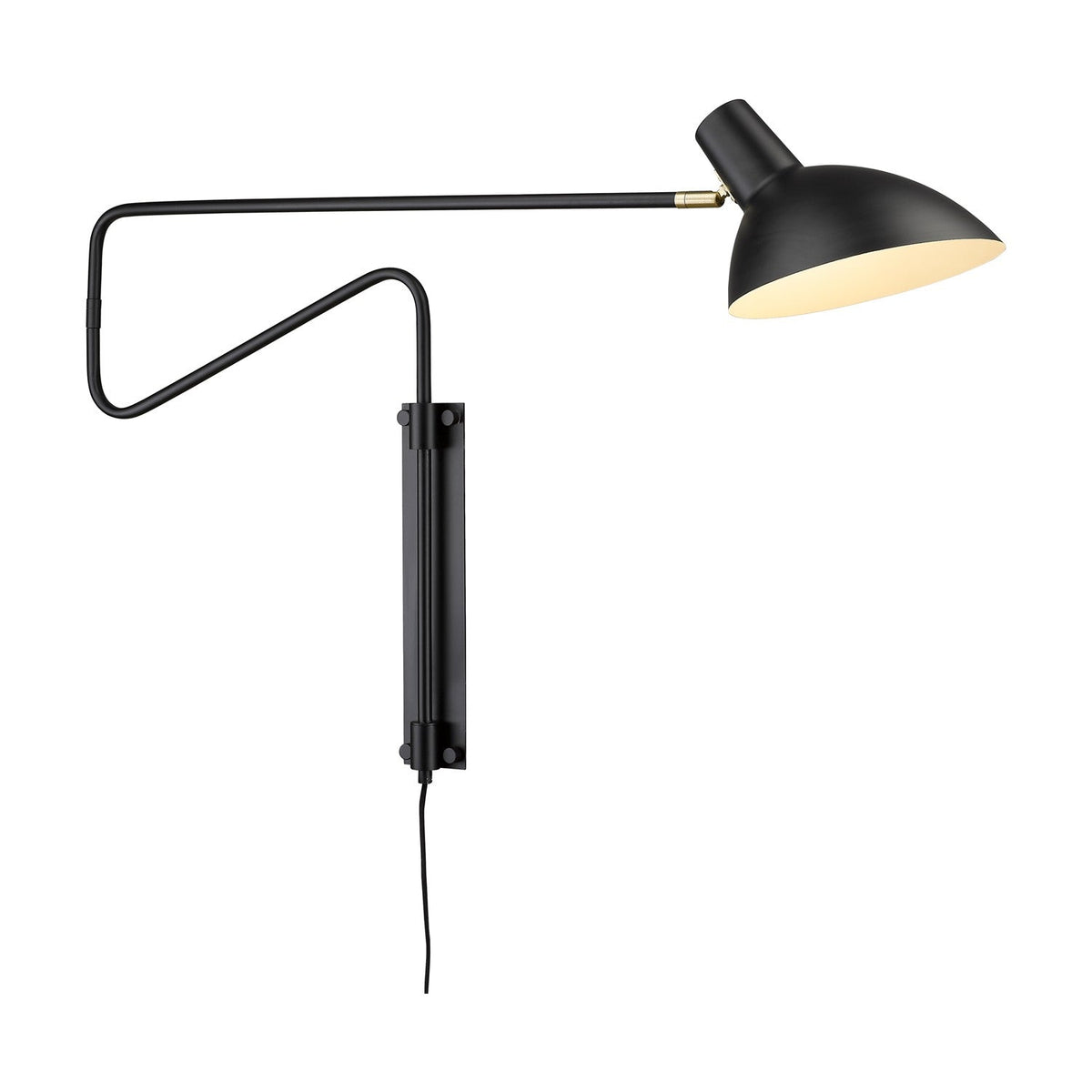 Metropole Deluxe Medium Wall Light in anthracite with a wide dome shade on a jointed swing arm featuring brass knuckle detail, mounted on a slim wall plate.