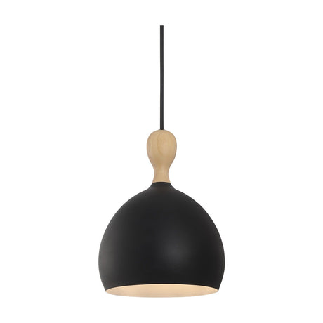 Dueodde Pendant Light 18cm featuring a matte black dome shade with white interior and a pale turned wood neck, hung on a black cord against a plain white background.
