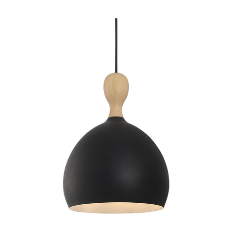 Dueodde Pendant Light 24cm in wood and black, featuring a rounded matt black dome shade with white interior and a pale turned wood neck, shown on a plain white background.