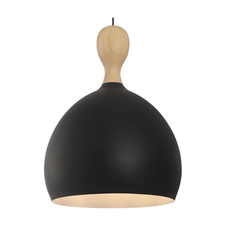 Dueodde Pendant Light 39cm in wood and black, featuring a matte black dome shade with white interior lining beneath a pale turned wood neck and rounded knop, shown on a plain white background.