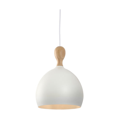 Dueodde Pendant Light 18cm in Wood & White, featuring a domed white metal shade with a wooden neck and knop, hung on a white cable against a plain background.