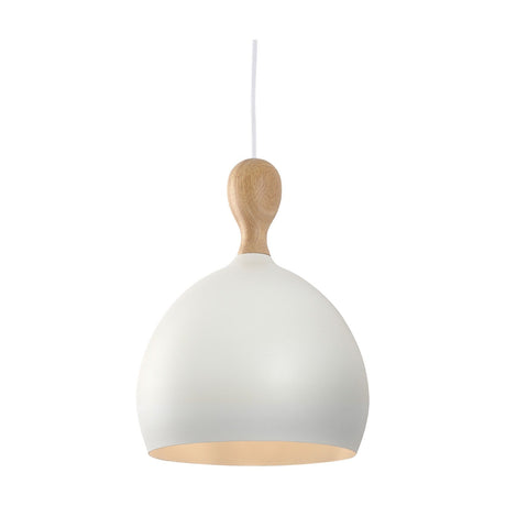 Dueodde Pendant Light 24cm in wood and white, with a matt white dome shade and a turned wood neck holding the cable, shown on a plain white background.