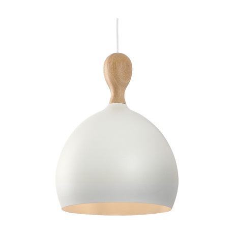 Dueodde Pendant Light 30cm in Wood & White, a single-bulb dome pendant with a matte white metal shade and a turned pale wood neck, shown on a plain white background.