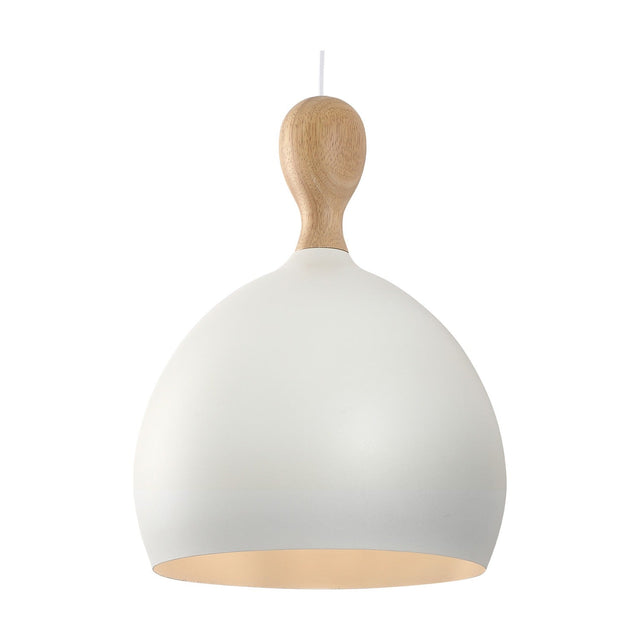 Dueodde Pendant Light 39cm in wood and white, featuring a dome metal shade with a turned wooden neck and knop, shown against a plain white background.