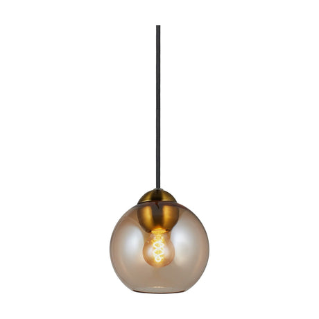 Bubbles Mini Pendant Light 14cm in amber glass with a brass cap, single G9 bulb visible, on a black cable against a plain white background.