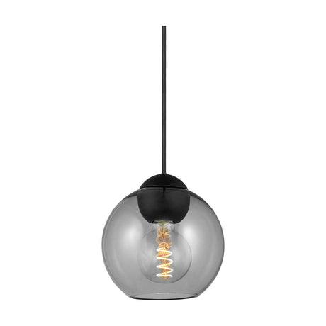 Bubbles Pendant Light 18cm in smoke glass with a round globe shade, black ceiling cap and cord, visible bulb inside, shown on a plain white background.