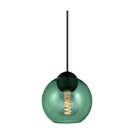 Bubbles Pendant Light 18cm in Green, a spherical clear green glass shade on a black ceiling cap with black flex cord, showing an E27 spiral filament bulb, on a plain white background.