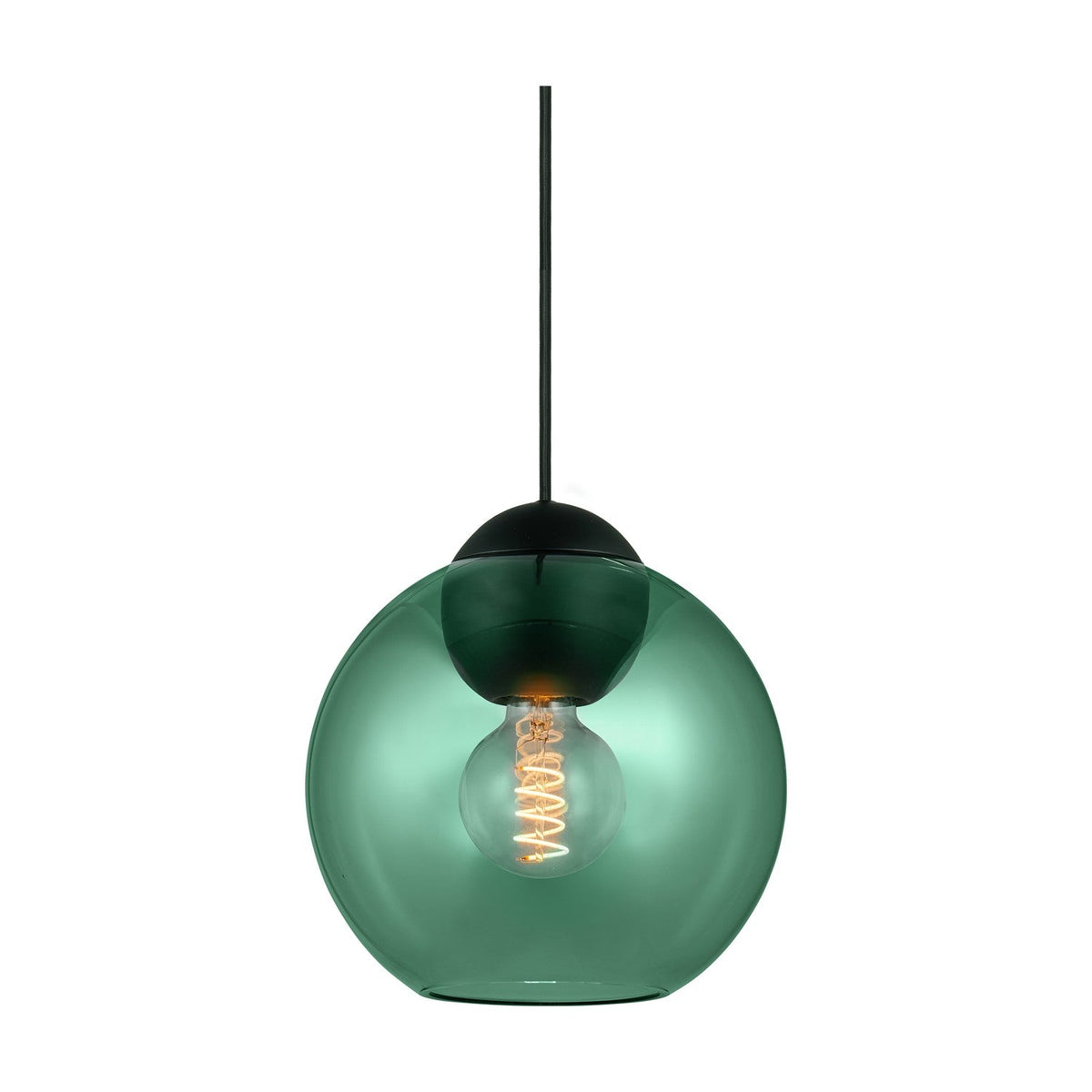 Bubbles Pendant Light 24cm in green, a spherical glass shade on a black cap and black flex, showing an exposed spiral-filament bulb, on a plain white background.