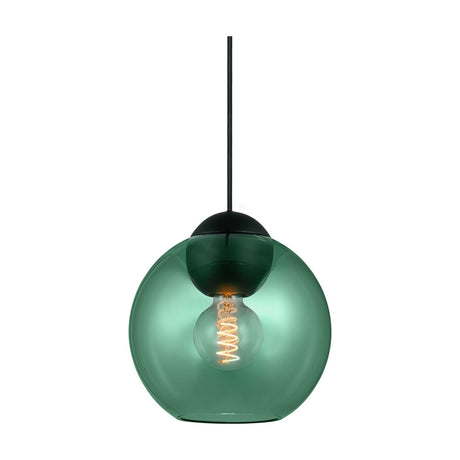 Bubbles Pendant Light 24cm in green, a spherical glass shade on a black cap and black flex, showing an exposed spiral-filament bulb, on a plain white background.