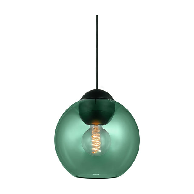 Bubbles Pendant Light 24cm in green, a spherical glass shade on a black cap and black flex, showing an exposed spiral-filament bulb, on a plain white background.