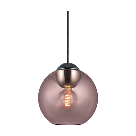 Bubbles Pendant Light 24cm in rose - a round dusty pink glass globe with a copper cap and E27 filament bulb, on a black cable against a plain white background.