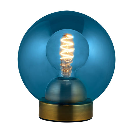Bubbles Table Lamp 18cm in light blue, a spherical teal glass globe on a brushed brass cylindrical base with visible E27 filament bulb, shown on a plain white background.