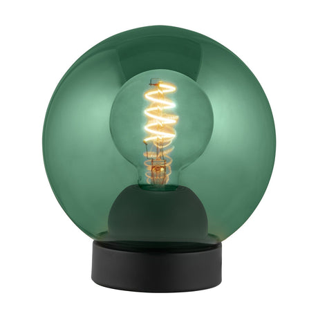 Bubbles Table Lamp 18cm in green, a large clear-green glass globe on a black cylindrical base with a visible spiral filament bulb, shown on a plain white background.